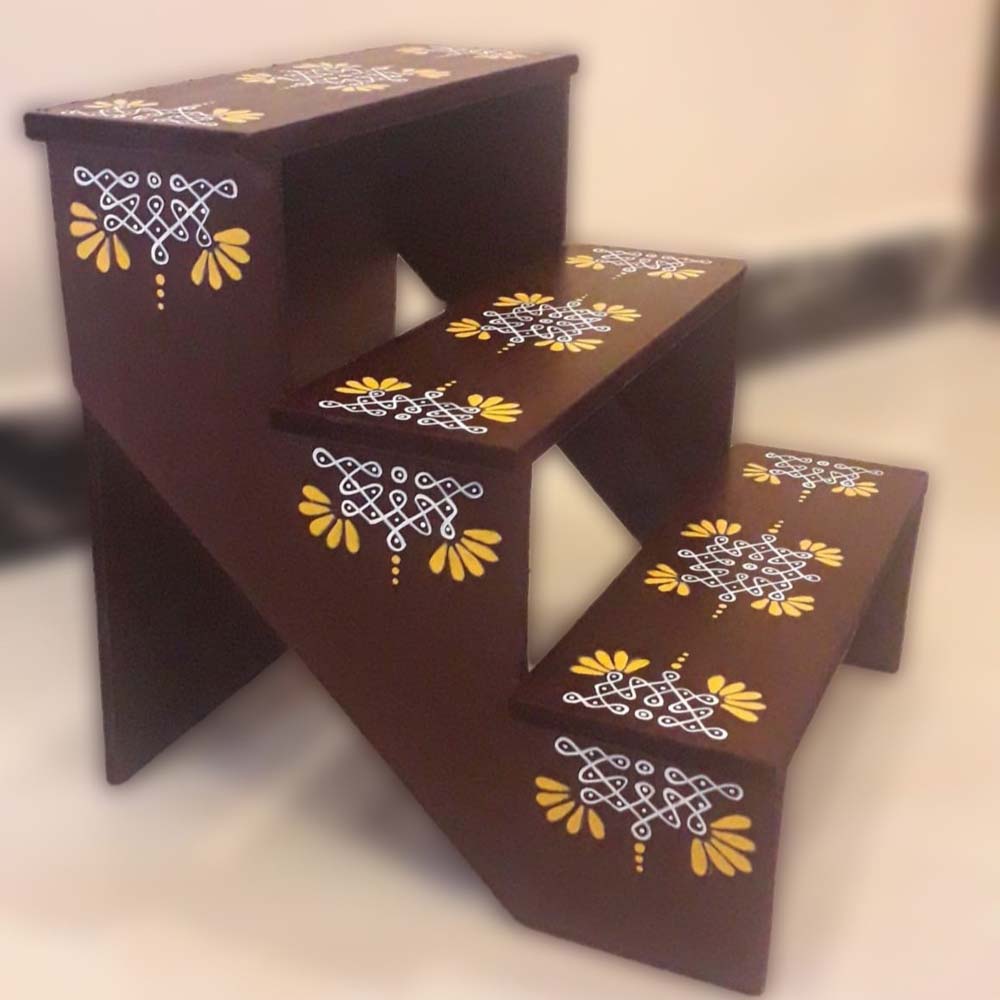 Golu Padi Foldable 3 Steps Step Size 4"X4" - Brown Suitable To Use As A Puja Stand To Keep Idols