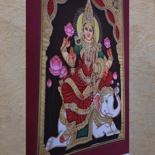 Lakshmi Geja (Elephant) Lakshmi Goddess Of Prosperity And Abundance. Handmade Tanjore Style Gold Painting