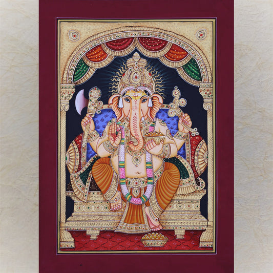 Ganesha Simha Ganesha Handmande Tanjore Style Gold Painting