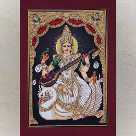 Saraswati Goddess Of Learning On Swan Hancrafted Tanjore Style Gold Painting
