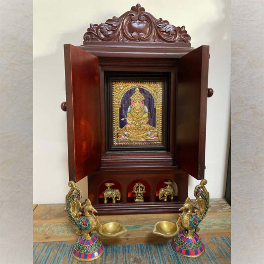 Handcrafted Wooden Pooja Mandapam With Lakshmi Tanjore Painting