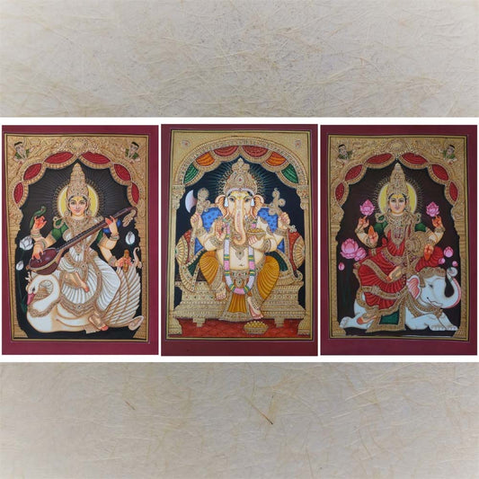 Lakshmi,Ganesh And Saraswati Hancrafted Tanjore Style Gold Painting