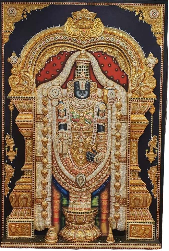 Tirupati Balaji Tanjore painting in a wooden frame with intricate gold details and vibrant colors.