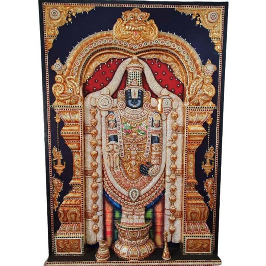 Tirupati Balaji Tanjore painting in a wooden frame with intricate gold details and vibrant colors.