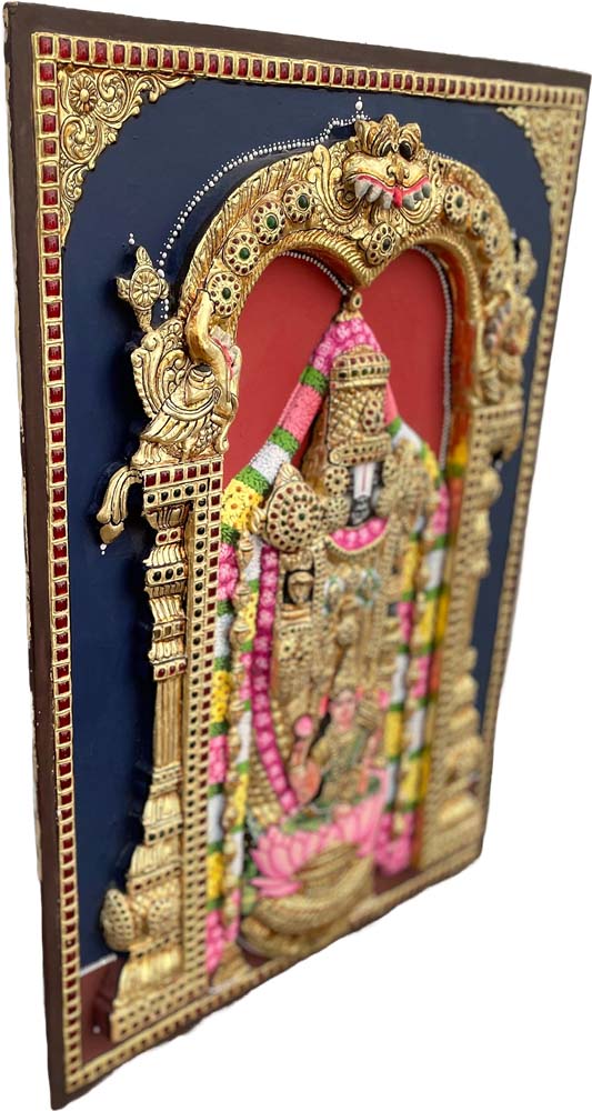 Tirupati Balaji Tanjore painting in a wooden frame with intricate gold details and vibrant colors.