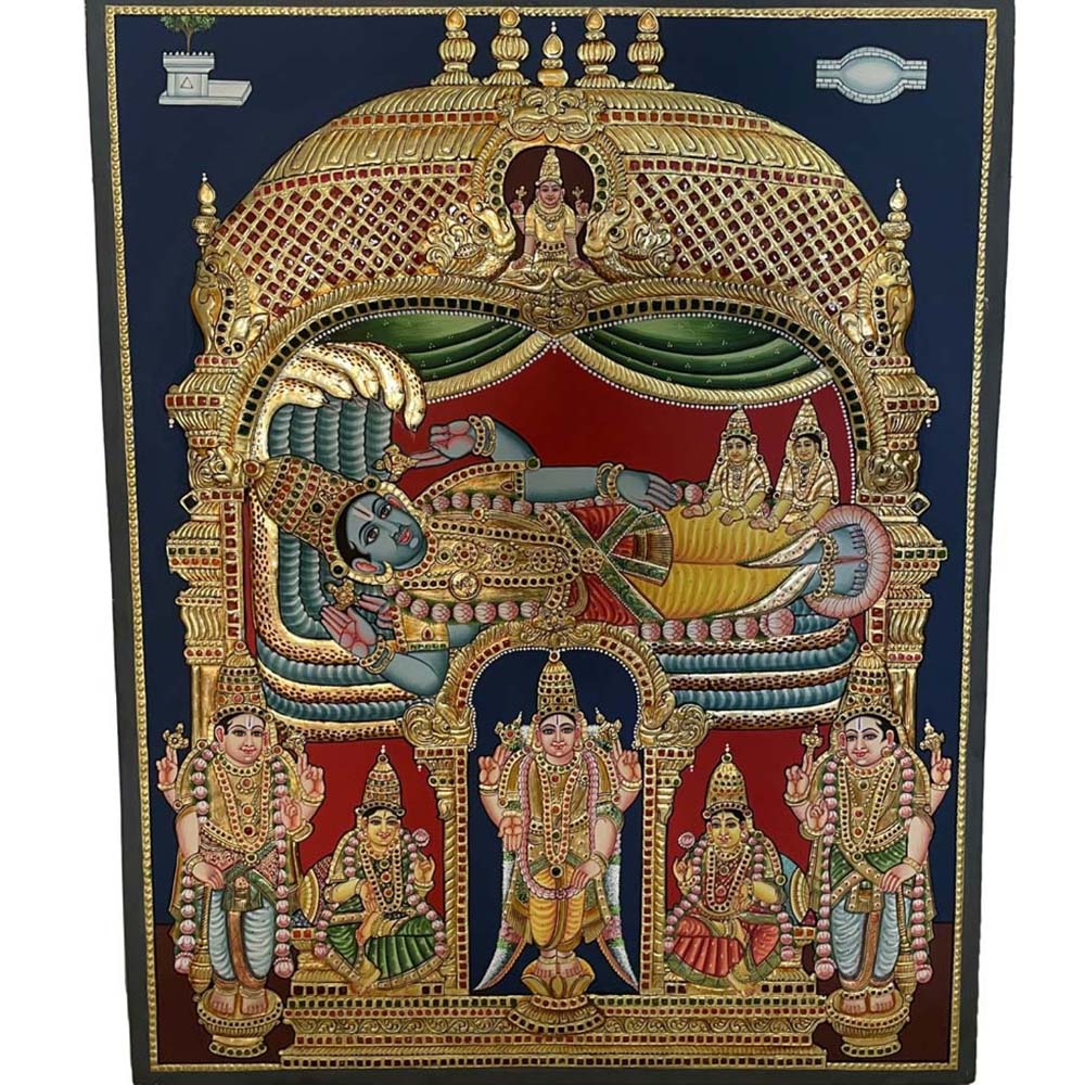 Tanjore painting of Anantashayana Vishnu with intricate gold detailing, vibrant colors, and a premium wooden frame.