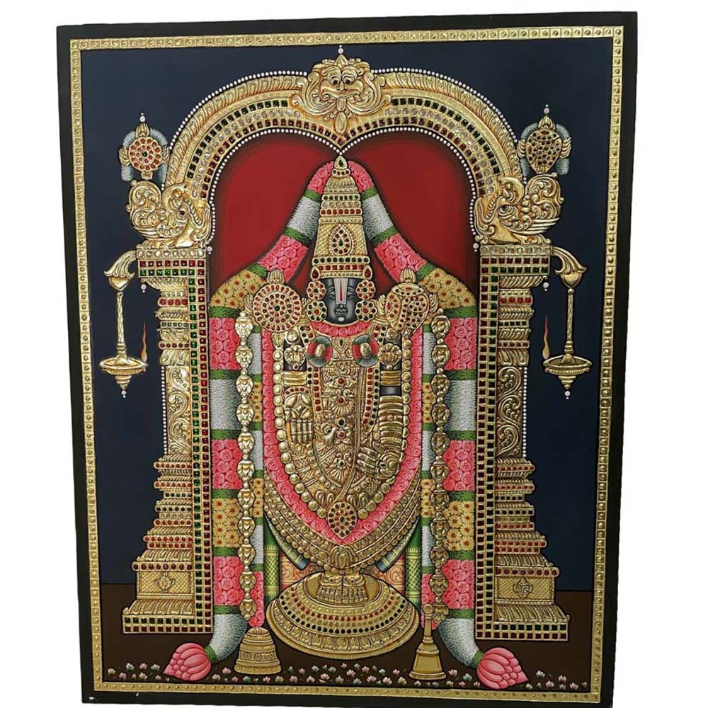 Tirupati Balaji Tanjore painting in a wooden frame with intricate gold details and vibrant colors.