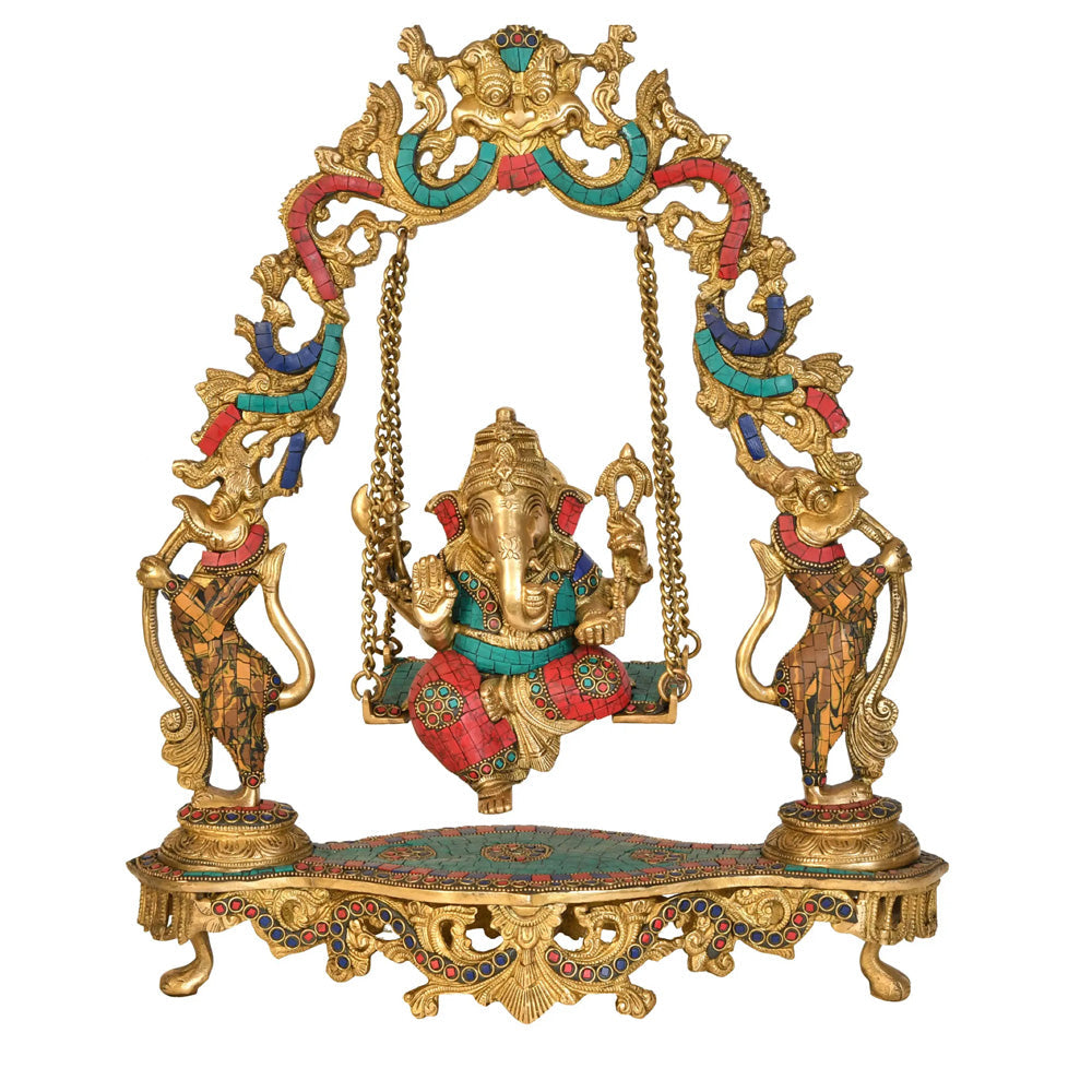 Ganesha Statue On Swing With Inlay Work – Handcrafted Brass And Stone Inlay Artwork