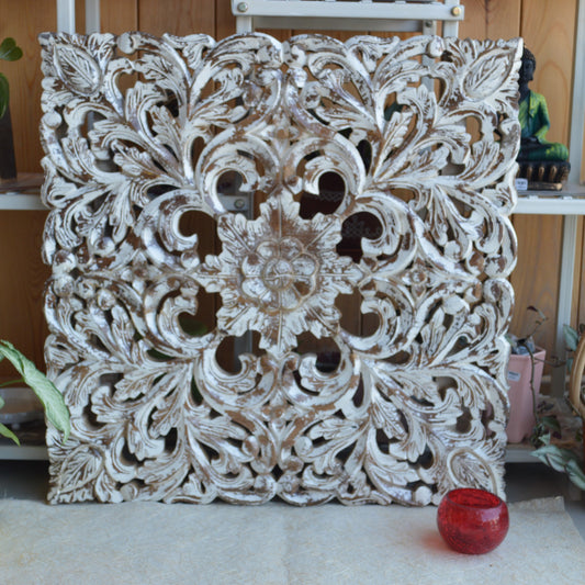 Sarang Fine Carved Square Jali Panel White 24"