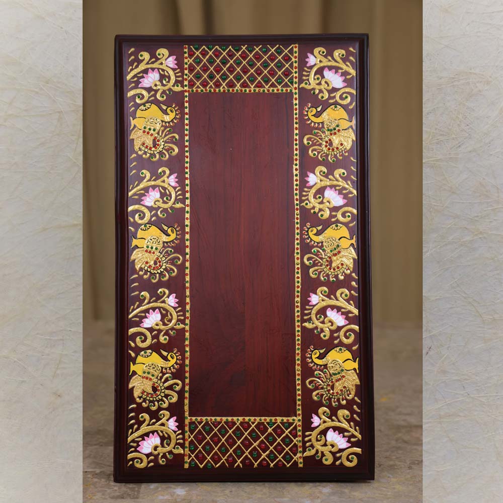 Handcrafted Wooden Manai With Hand-Painted Peacock Border