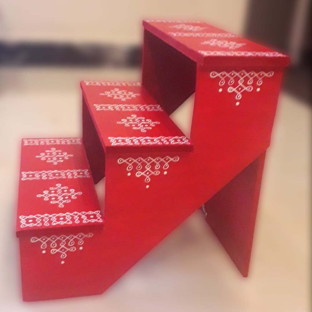 Golu Padi Foldable 3 Steps Step Size 4"X4" - Red Suitable To Use As A Puja Stand To Keep Idols