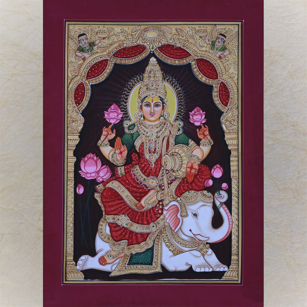 Lakshmi Geja (Elephant) Lakshmi Goddess Of Prosperity And Abundance. Handmade Tanjore Style Gold Painting