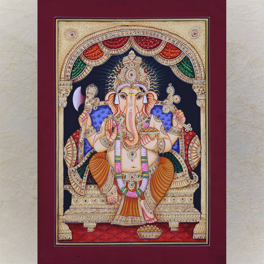 Ganesha Simha Ganesha Handmande Tanjore Style Gold Painting