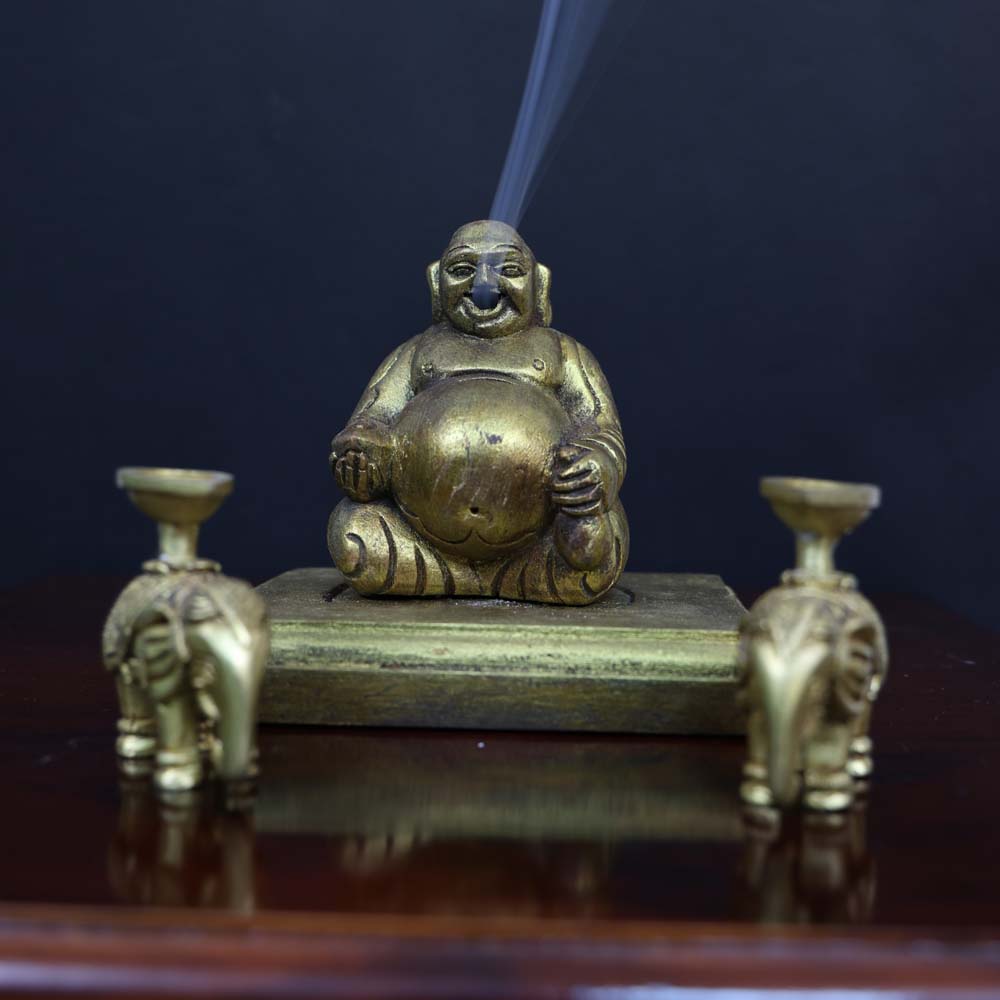 Laughing Buddha Mystic Smoke Buddha Handmade Wooden Doll Of Wealth & Abundance