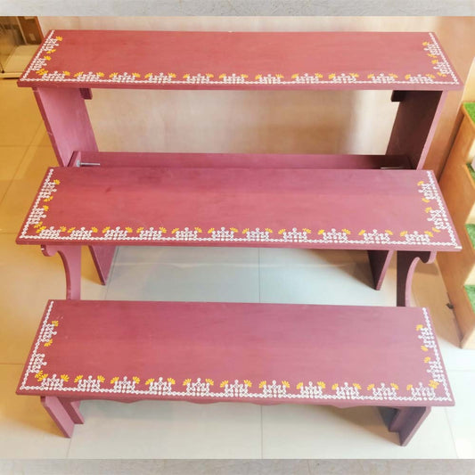 Handcrafted 3-Step Golu Padi - With Floral Border And Deepam Kollam On Stand