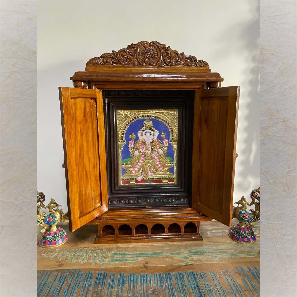 Handcrafted Wooden Pooja Mandapam With Ganesha Tanjore Painting