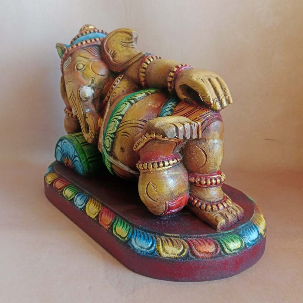 Exquisite Wooden Ganesha Statue - Sleeping Lord Ganesha Idol