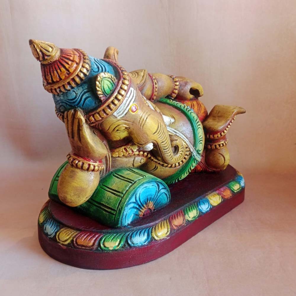 Exquisite Wooden Ganesha Statue - Sleeping Lord Ganesha Idol