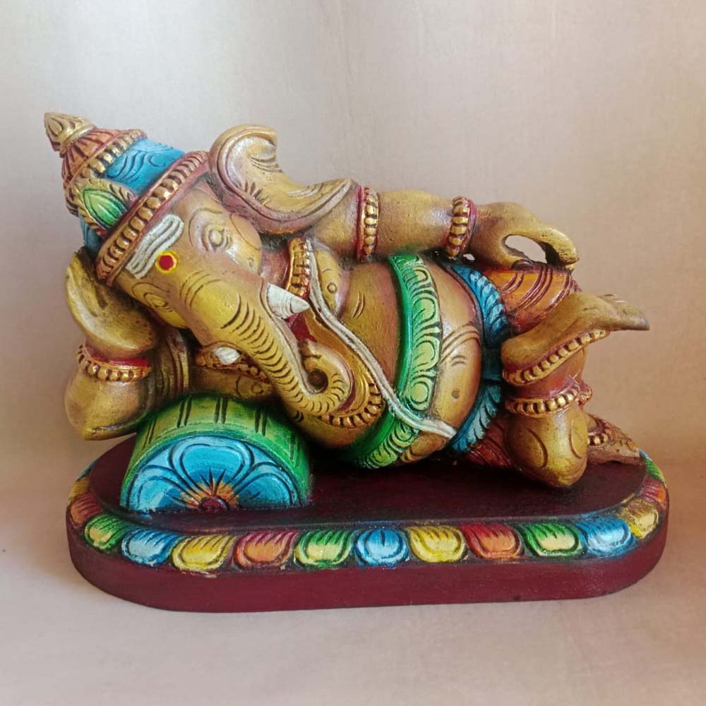 Exquisite Wooden Ganesha Statue - Sleeping Lord Ganesha Idol