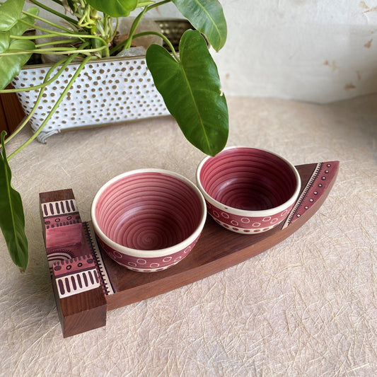 Ceramic Bowls And Wooden Tray