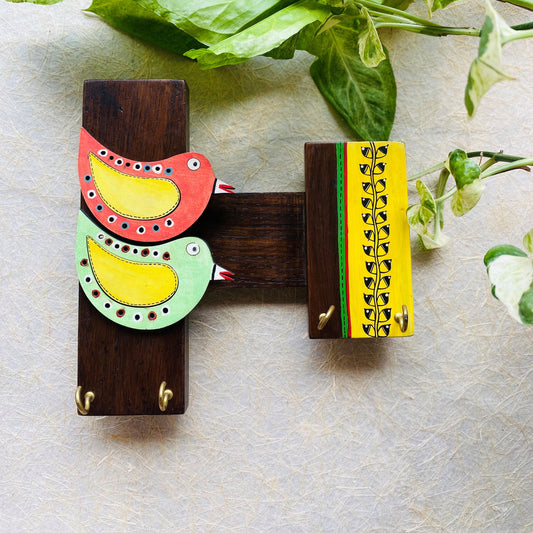 Wooden Multi-Color Bird Handpainted Madhubani Wall Hanging Key Hook ( 4 Hooks)